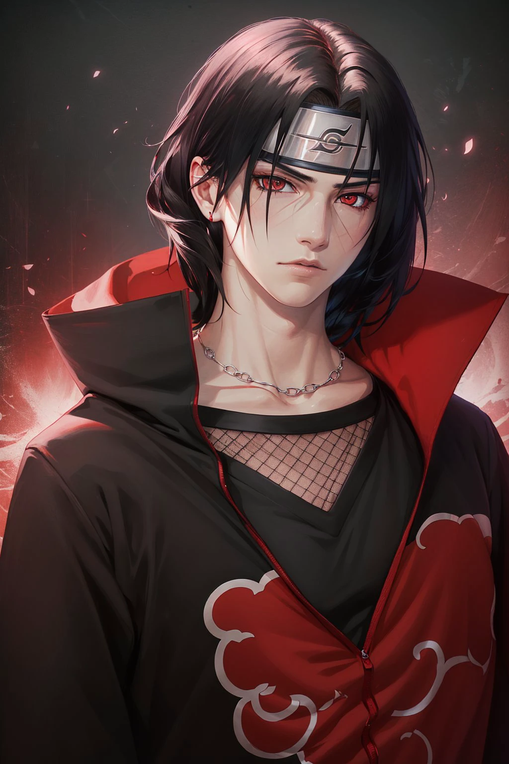 (걸작, 최고의 품질:1.2), 빨간색 테마, 카우보이 샷, 홀로, 남성 집중, 1남, uchiha itachi, 무표정, 닫힌 입, 뷰어를보고, 이마 보호대, 닌자, 망토, 높은 칼라, 보석류, 목걸이