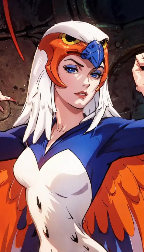 straight-on,pose,looking at viewer,solo, BREAK, 
CARTOON_Sorceress_heman_90s_ownwaifu, www.ownwaifu.com,
breasts, long hair, medium breasts, white hair, lips, makeup, lipstick, blue eyes, monster girl, nose, red lips, animification, 
wings, feathered wings...