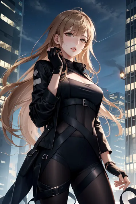 a woman in a black outfit standing in front of a city