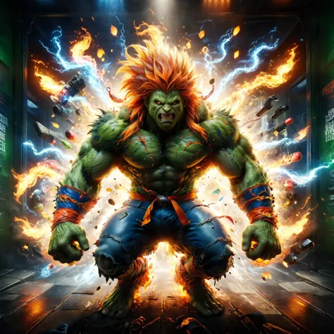 Absolute Reality Style, ultra realistic photo, soft lighting, heavy shadow, show me your best quality for my picture, make the effects more real,
(full body:1.3), ((Blanka from Street Fighter arcade game:1.3)), orange long hair, green skin, blue flames, dark flashes , full muscular body, ultra realistic, ultra detailed, ultra hd, super quality hands, hyper focused, 32k resolution, 2x unzoom , ultra hd, realistic, vivid colors, highly detailed, beautiful detailed intricate insanely detailed octane render trending on artstation, 8k artistic photography, photorealistic, soft natural volumetric cinematic perfect light
<lora:xl_more_art-full_v1:0.8>, <lora:add-detail-xl:0.8>, <lora:PerfectEyesXL:1> perfecteyes, <lora:EnvyZoomSliderXL01:-1.3>, <lora:perfect feet:1> feet, perfect, 
<lora:Perfect Hands v2:1> perfect, hands, hand, <lora:extremely_detailed:1.2>, <lora:ral-elctryzt-sdxl:0.8> ral-elctryzt