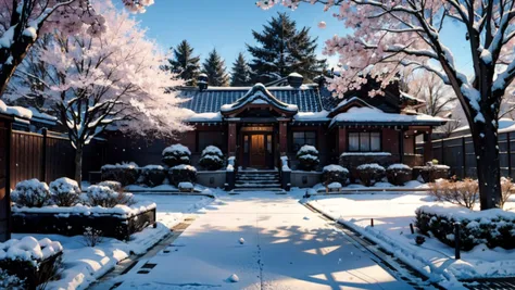 Create a serene setting in Snow Jade Court,with a blossoming cherry blossom tree and falling petals.,
Illustrate Liu Hanyan's el...