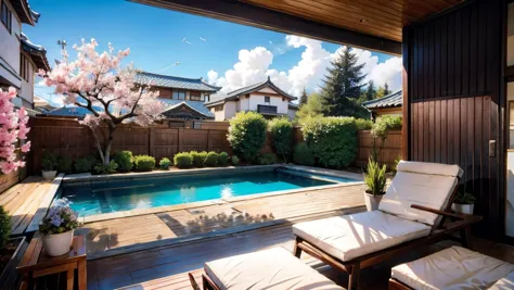 a close up of a patio with a pool and a wooden deck