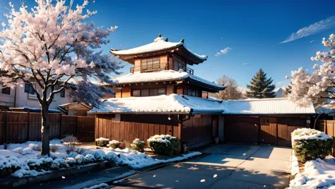 snowy scene of a japanese house with a tree in the front yard