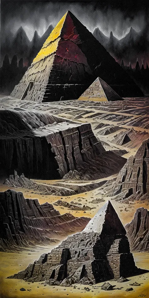 painting of a desert with a pyramid and a mountain in the background