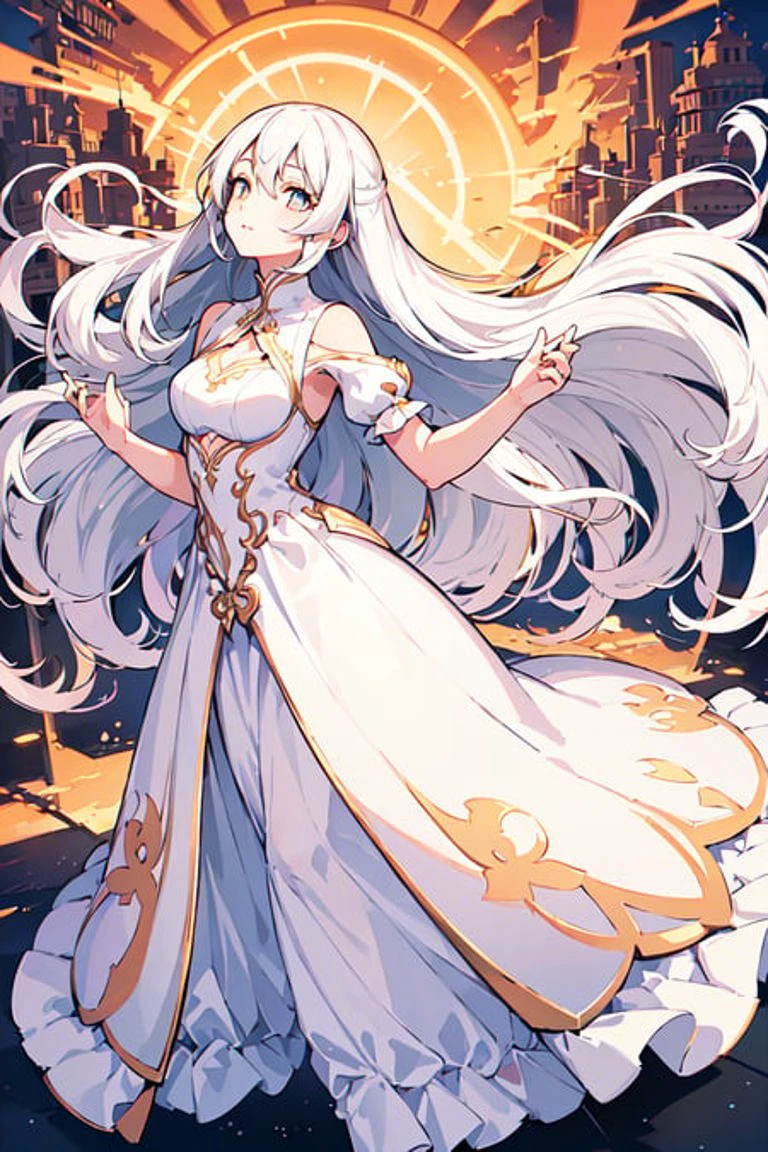 (best illumination, an extremely delicate and beautiful), (ultra-detailed:1.4), clouds, afternoon, orange sky, 1girl, (full body:1.2), white dress, look up, beautiful detailed eyes, white hair, standing, sense of hustle and bustle