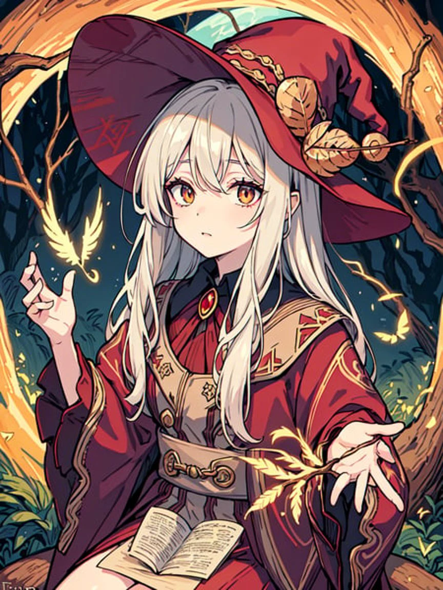 masterpiece, best quality, ultra-detailed, portrait of a young witch reading a magic book, soft delicate beautiful attractive face with enchanting hazel eyes, flowing robes in rich shades of burgundy and gold, pointed hat adorned with feathers and gemstones, ancient runes inscribed on tree trunk, lush forest background with shimmering sunlight peeking through branches, (fluttering leaves and twigs: 1.05), (mysterious owl perched on branch: 1.1), (glimmering fireflies: 1.15), (magical runes and symbols surrounding witch: 1.2)