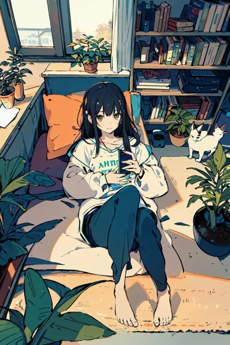 <lora:hamukukka:0.8>a girls, from above, plant, black hair, cat, lying, indoors, holding, long sleeves, long hair, stuffed toy, ...