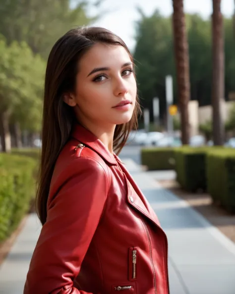 cinematic film still young woman in red leather jacket . shallow depth of field, vignette, highly detailed, high budget Hollywoo...