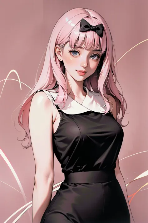 a woman with pink hair and a black dress is posing