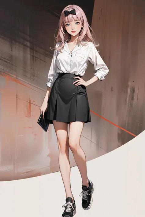 anime girl in a skirt and white shirt posing for a picture