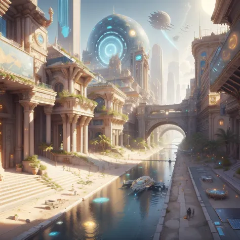 carthagetech ,  scifi,  solar age, gold mosaic , 
city buildings , street