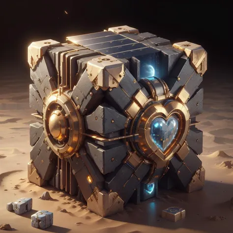 carthagetech ,  science-fiction,  ère solaire, mosaïque d&#39;or , 
(fond simple:1.3), (cube:1.1), forme de coeur , cube compagnon lesté,