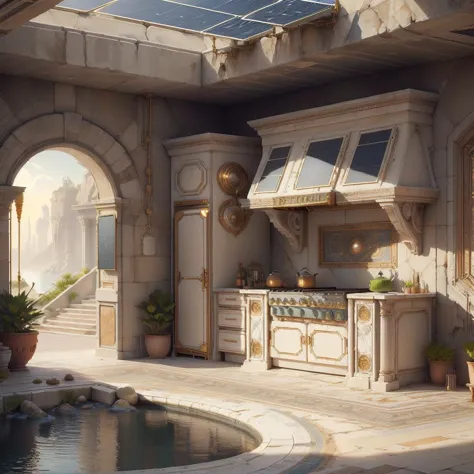 carthagetech ,  scifi,  solar age, gold mosaic , fountains, 
 kitchen