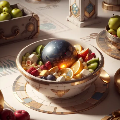 carthagetech ,  scifi,  solar age, gold mosaic ,
bowl of fruits,