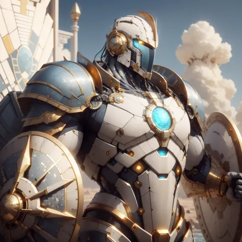 carthagetech ,  science-fiction,  ère solaire, mosaïque d&#39;or ,
centurion en armure dorée brillante , bouclier