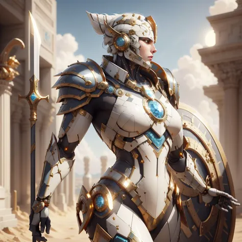<lora:CarthageTech-26:0.8>, carthagetech ,  scifi,  solar age, gold mosaic ,
shiny gold armored female centurion , shield, spear...