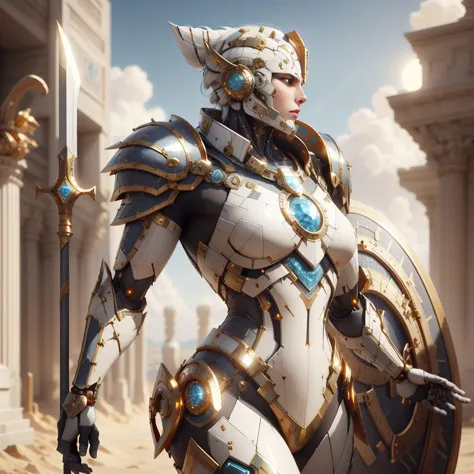 carthagetech ,  scifi,  solar age, gold mosaic ,
shiny gold armored female centurion , shield, spear,