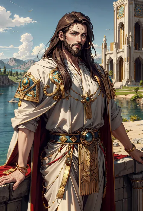 carthagetech, solar age, gold mosaic, (masterpiece, best quality, realistic, detailed:1.2), portrait, fenn_jesus, 1 man, beard, tunic, as a monarch, by a lake,