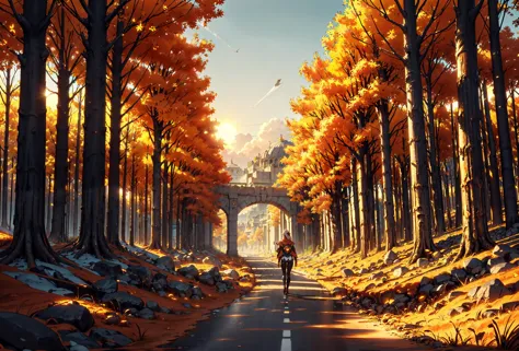 carthagetech, solar age, gold, cinematically-realistic, (masterpiece, best quality, realistic, detailed, crisp:1.2), (landscape:1.2), (anime, hight contrast), cute girl smiling from back, nature, trees, shades of orange, autumn season, pathway, big blinding sun, (wide shot),