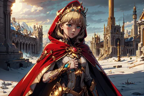 <lora:CarthageTech-26:0.7> carthagetech, solar age, gold, (masterpiece, best quality, realistic, detailed, crisp:1.2), (landscape:1.2), (anime, hight contrast), blinding sun, <lora:little_red_riding_hood_v0.1:0.6> little red riding hood, (cute small girl), golden cape, crown,