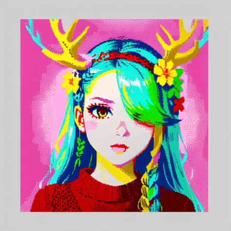 <lora:zxs:1> , zxs, limited palette,  1girl, antlers, asmr, braid, branch, brown sweater, close-up, ear cleaning, flower, green ...