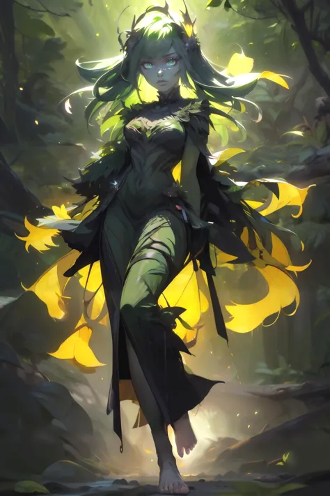 (best quality, ultra high resolution, masterpiece: 1.5), extremely detailed, intricate, plant girl, green glowing eyes, cute face, sharp teeth, long ears, elegance, beautiful shadows, cute belly, barefoot, colored skin, toxic green skin, glowing skin, painted, nature, natural beauty, dark colors, complex background, deep shadows, color harmony, dynamic, UHD
<lora:StyleSwamp:1> Style_SM,
<lora:LeafArt_v1_R32:0.8> leafart, leaf,
<lora:GoodHands-beta2:0.8>