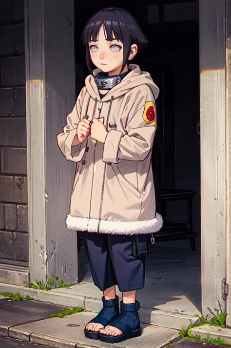 standing, shy, blush,  <lora:HinataHyuga:0.8> hyuuga hinata, 1girl, black hair, short hair, white eyes, no pupils, jacket, coat, forehead protector, fur trim, konohagakure symbol, long sleeves, pant, sandals,   <lora:Range_murata_style_v02:0.8>, absurdres, ultra detailed, masterpiece, best quality, aesthetic, detailed,