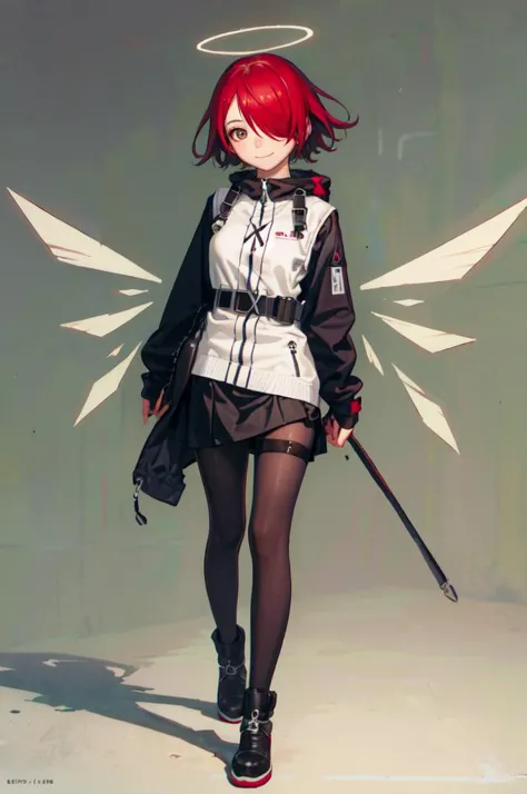 <lora:exusiai:1> exusiai, 1girl, solo, red hair, short hair, brown eyes, hair over one eye, halo, jacket, belt, black pantyhose, detached wings, black skirt, fingerless gloves, smile,  <lora:Range_murata_style_v02:0.8>, absurdres, ultra detailed, masterpiece, best quality, aesthetic, detailed,