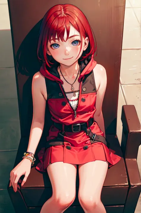 smile, sitting, fantasy throne,  <lora:kairi_v1:0.7>  cckairi, medium hair, necklace, bare shoulders, hoodie, buttons, sleeveless, bracelet, belt buckle, black belt, pink skirt,   <lora:Range_murata_style_v02:0.8>, absurdres, ultra detailed, masterpiece, best quality, aesthetic, detailed,