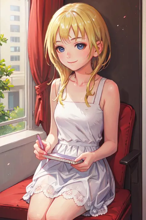 sitting, smile, holding pencil,   <lora:namine_v1:0.7> aanamine, blonde hair, bare shoulders, white dress,  <lora:Range_murata_style_v02:0.8>, absurdres, ultra detailed, masterpiece, best quality, aesthetic, detailed,