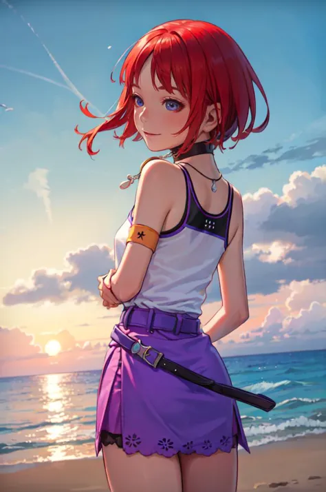 a woman with red hair and a purple skirt standing on a beach