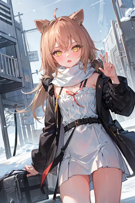 masterpiece,1girl ,solo,   <lora:RurudoLionV1-000006:1>,lion_ears,<lora:kincoraStyleLora66MB_8DimUNETOnlyFORNAI:0.5>,black coat, scarf, snowing,