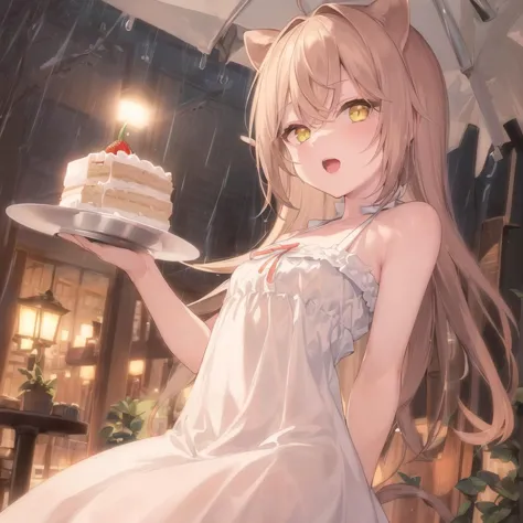 anime girl holding a plate with a cake on it in the rain