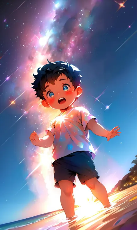 a cartoon boy standing on the beach with his arms outstretched