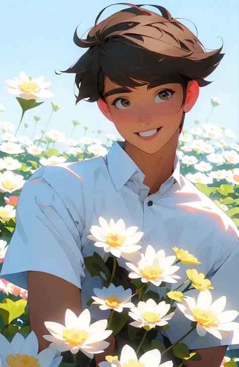 <lora:nijiexpress:0.9>  , ((masteepiece,best quality))  ,daisy, flower, lily_\(flower\), white_flower, floral_background, flower_field, lotus, male_focus, lily_pad, flower_\(symbol\), letterboxed, field, 1boy, holding_flower, solo, smile, dandelion, pink_flower, white_rose, shirt, brown_eyes, white_shirt, masterpiece, best quality,