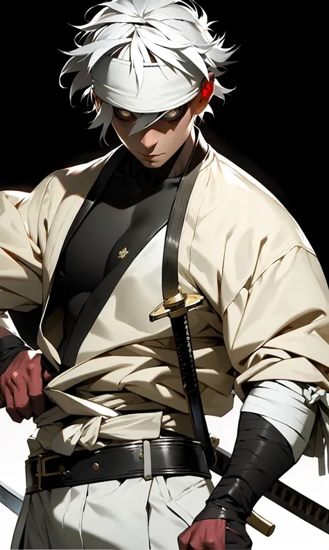 anime - style image of a man with a white hair and a black belt holding a sword