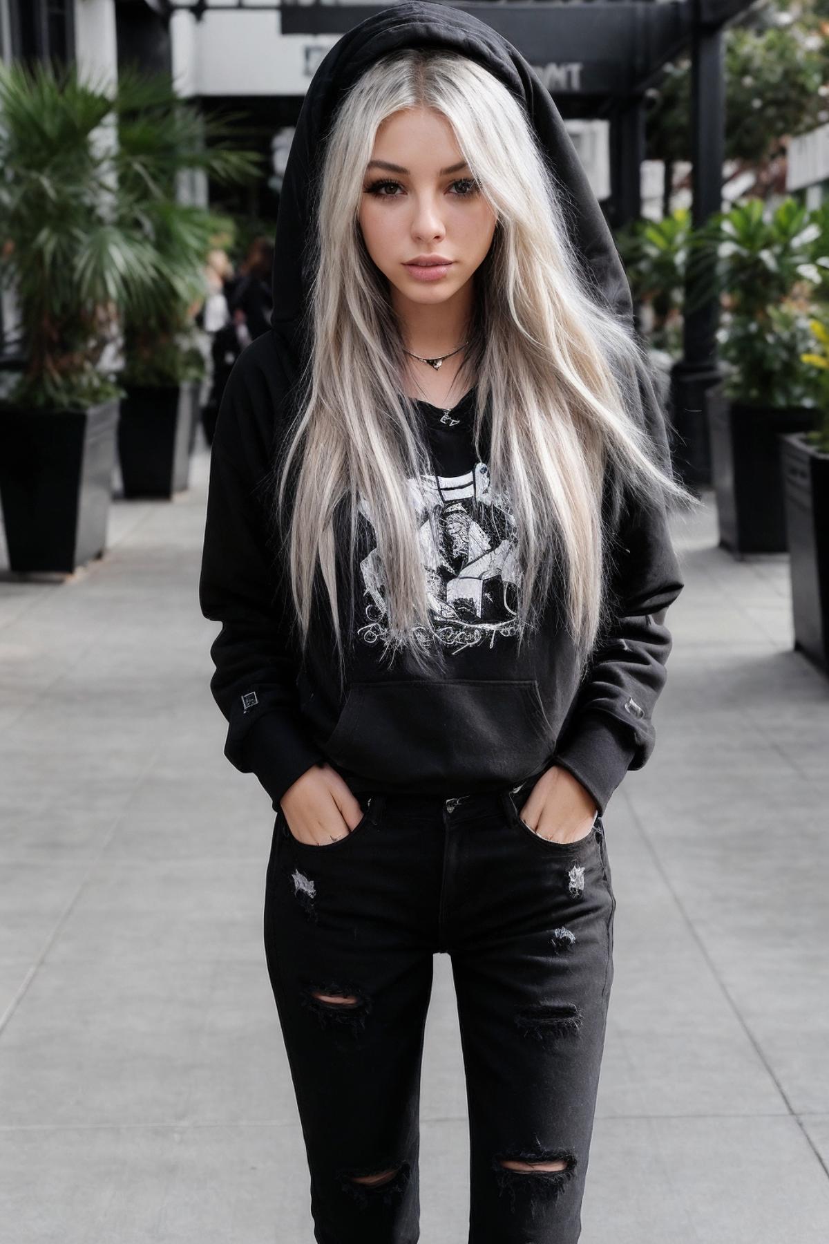 A woman with long blonde hair wearing black ripped jeans and a hoodie -  SeaArt AI