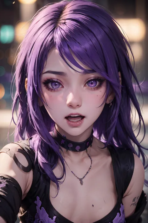 cyberpunk,(bokeh, best quality, masterpiece:1)  1girl, purple hair, purple eyeshadow, (intricate detail),<lora:emo_hairstyle:0.5...