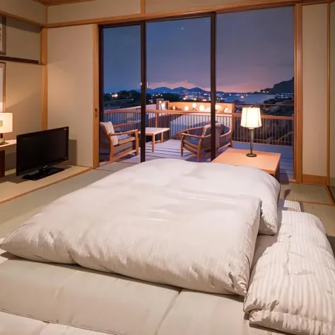 best quality, ultra-detailed, illustration,
ryokan, scenery, television, table, couch, sky, indoors, cloud, window, pillow, lamp, chair, night, night sky, starry sky, 
bed, cushion, curtains, realistic, 
 <lora:JAPAN_Scenery_Ryokan_SD15_V2:1>