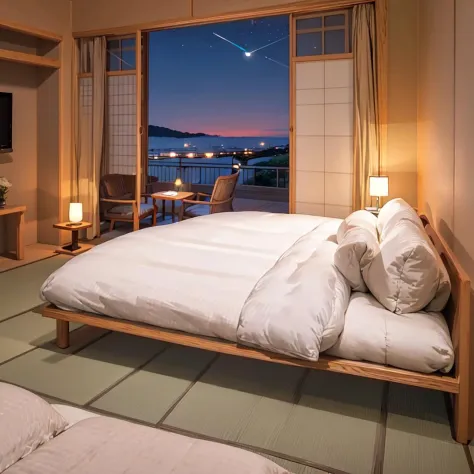 best quality, ultra-detailed, illustration,
ryokan, scenery, television, table, couch, sky, indoors, cloud, window, pillow, lamp, chair, night, night sky, starry sky, 
bed, cushion, curtains, realistic, 
 <lora:JAPAN_Scenery_Ryokan_SD15_V2:1>