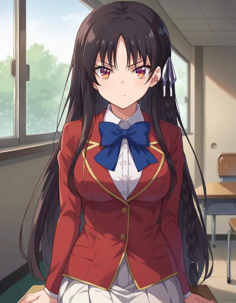 Anime girl in a school uniform sitting on a desk - SeaArt AI