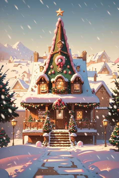 <lora:HolidayIdidalittlebit:0.8>christmas gingerbread house in the winter, in the style of vibrant stage backdrops, pink and amb...