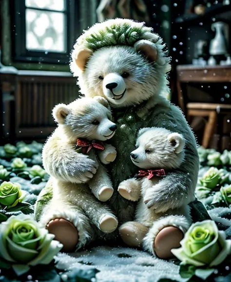 mesmerizing teddy white bears, surrounded by a dreamlike profusion of green roses, charming wildlife with a whimsically amusing ...