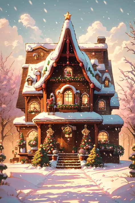 a painting of a house with a lot of christmas decorations on it