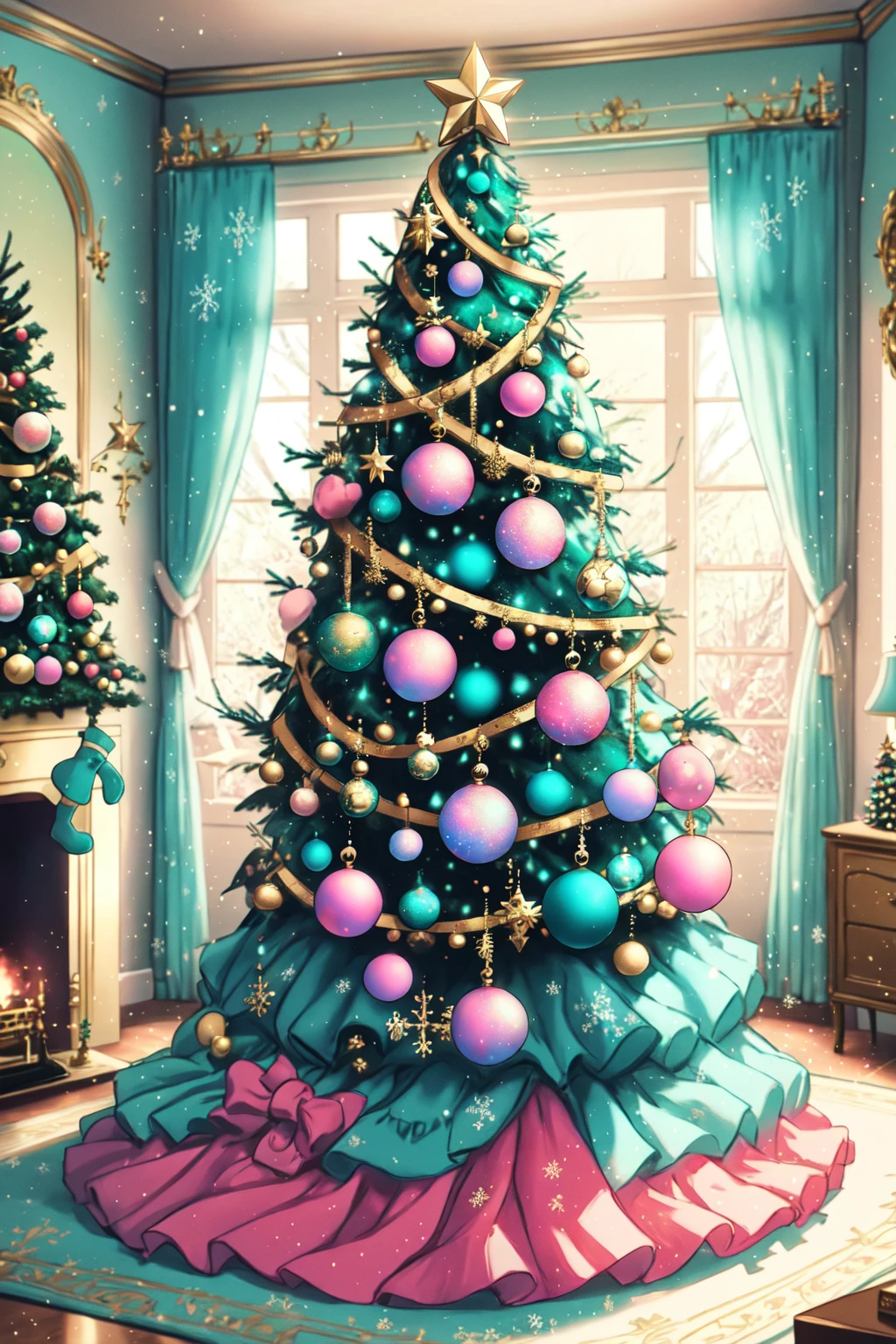 두 개의 조명이 있는 거실의 금색과 흰색 크리스마스 트리, 밝은 청록색과 진한 분홍색 스타일로, 다채로운 배열, 분필  , holidayxl 스타일,