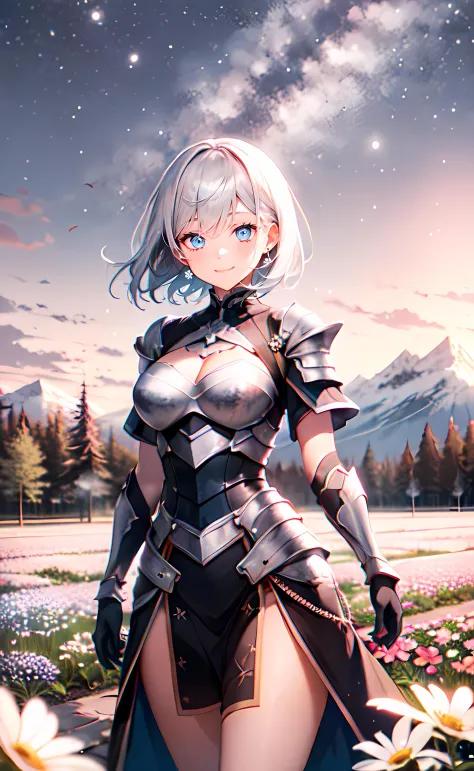 1girl, cowboy shot, standing, short hair, silver hair, blue eyes, armored dress, black dress, short sleeves, black gloves, closed mouth, smile, nature, flower field, mountain, night, night sky