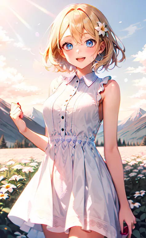 1girl, cowboy shot, standing, short hair, blonde hair, blue eyes, white dress, collared dress, frilled dress, bare shoulders, bare arms, open mouth, smile, nature, flower field, mountain, blue sky, sunlight