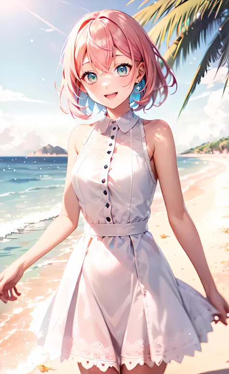 1girl, cowboy shot, standing, short hair, pink hair, green eyes, white dress, collared dress, frilled dress, bare shoulders, bare arms, open mouth, smile, outdoors, beach, blue sky, sunlight