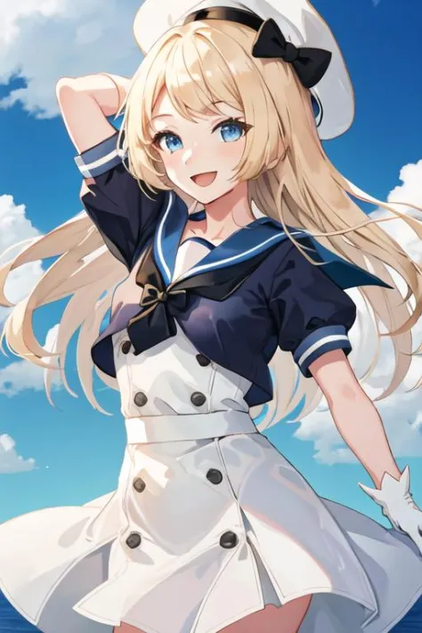 best quality, masterpiece, highres, solo, {jervis_kantaicollection:1.15}, blonde_hair, long_hair, blue_eyes, hat, white_headwear, sailor_hat, smile, open_mouth, 1girl, blue_sailor_collar, blue_sky, cloud, day, dress, looking_at_viewer, outdoors, sailor_collar, sailor_dress, short_sleeves, sky, gloves, white_gloves, cowboy_shot, white_dress, upper_body
