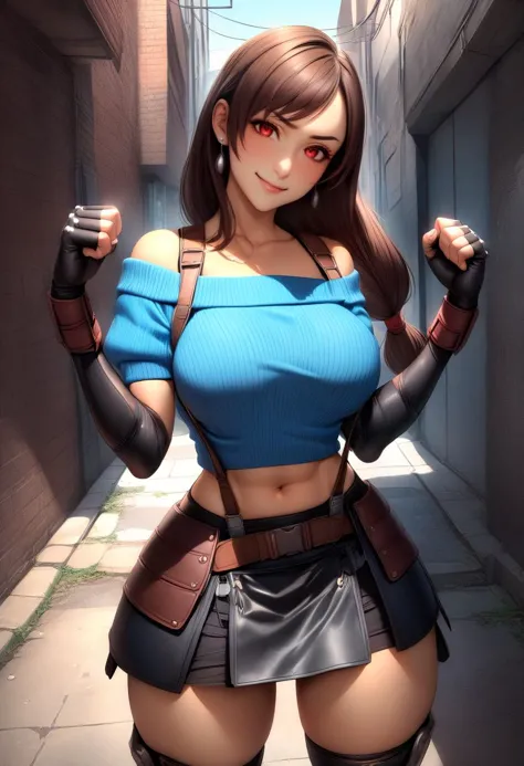 masterpiece, best quality, 1girl, <lora:tifa-xl-nvwls-v1-000005:0.9> metTifa, red eyes, low-tied long hair, earrings, cropped sw...